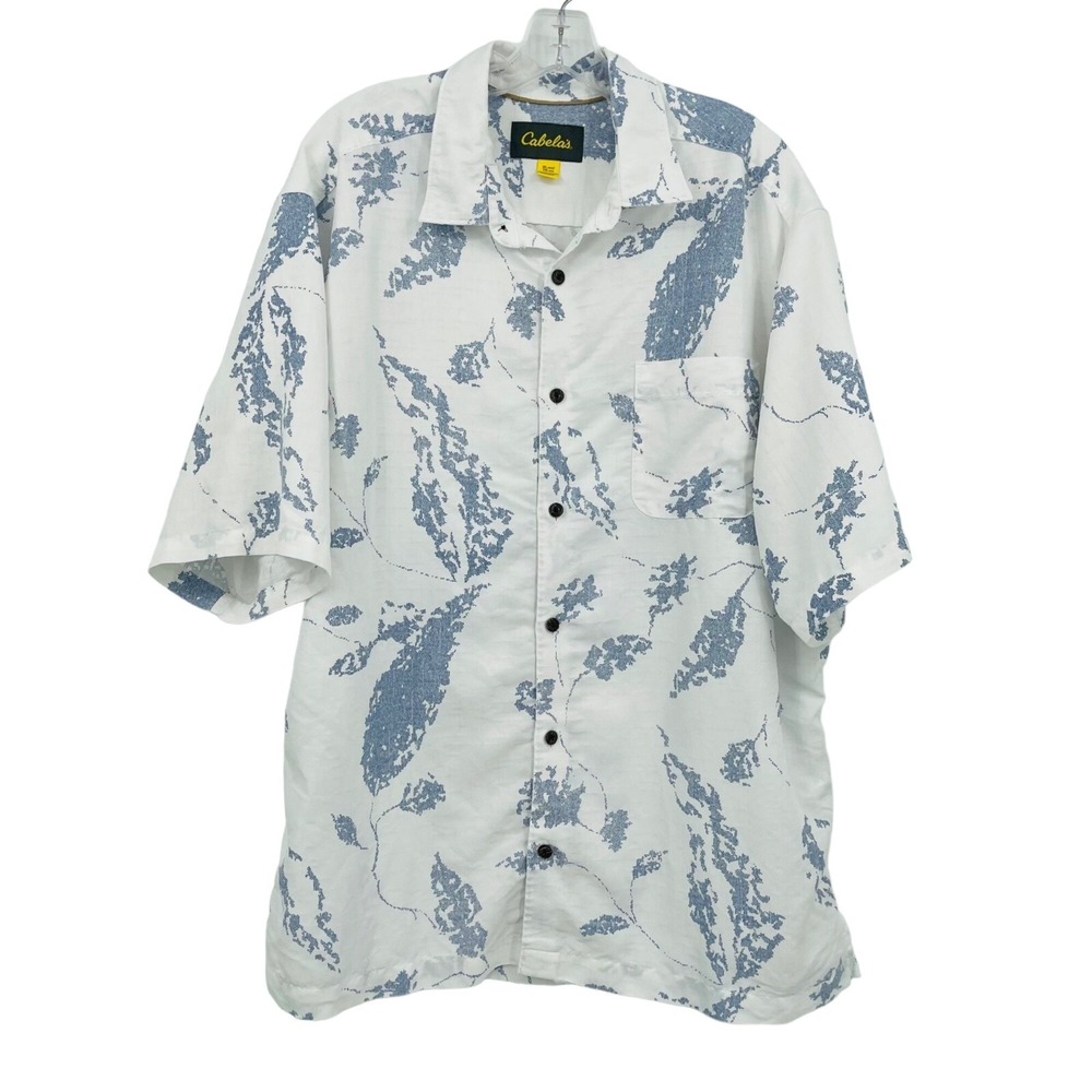 Cabelas Button‎ Down Shirt Mens XL White Blue Leaf Print Modal Blend Coastal